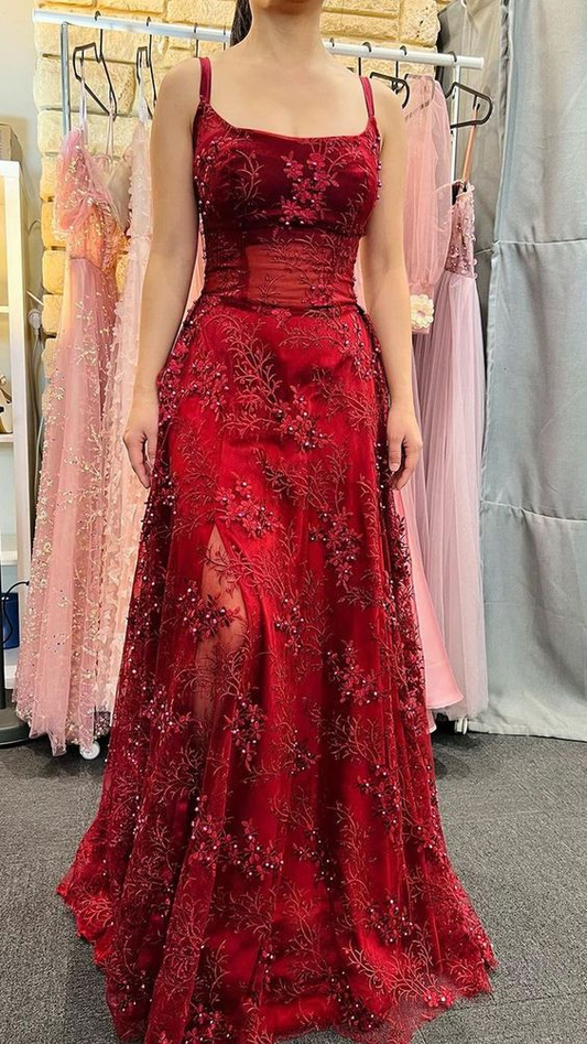 Beautiful Satin Spaghetti Straps Lace Appliques Prom Dress Evening Dress SH1225