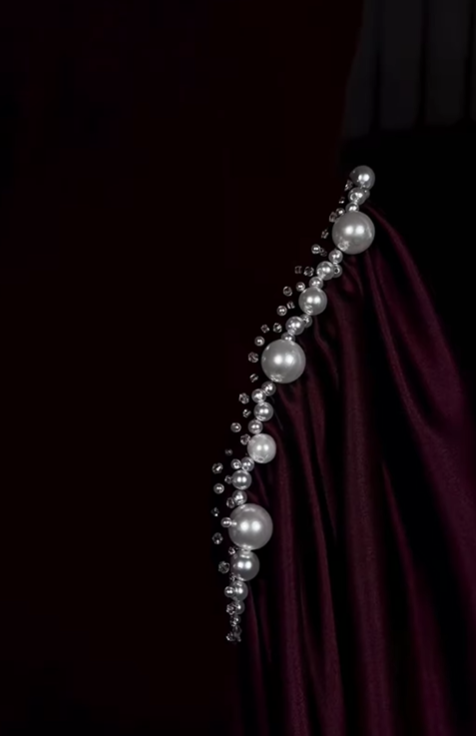 Classy A Line Strapless Pearl Dark Burgundy Velvet Satin Party Dress Wedding Guest Dress SH2923