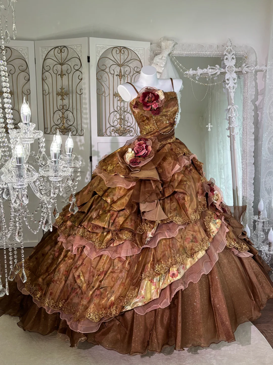 Vintage Exquisite Colorful Layered Ball Gown Flower Lace Tulle Prom Dress Sweet 16 Dress SH5984
