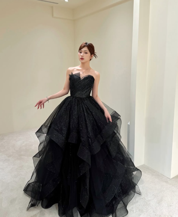 Sweety Ball Gown Strapless Ruffle Sequin Black Tulle Prom Dress Evening Dress SH5102