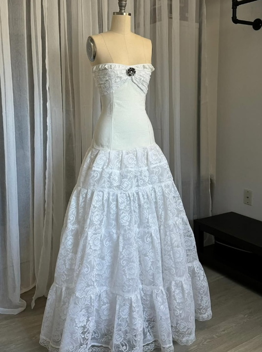 Princess White A Line Strapless Lace Satin Long Prom Dress Wedding Dress SH7684