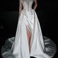 Shiny A Line Straps Rhinestone White Satin Long Wedding Dress with Slit SH8884