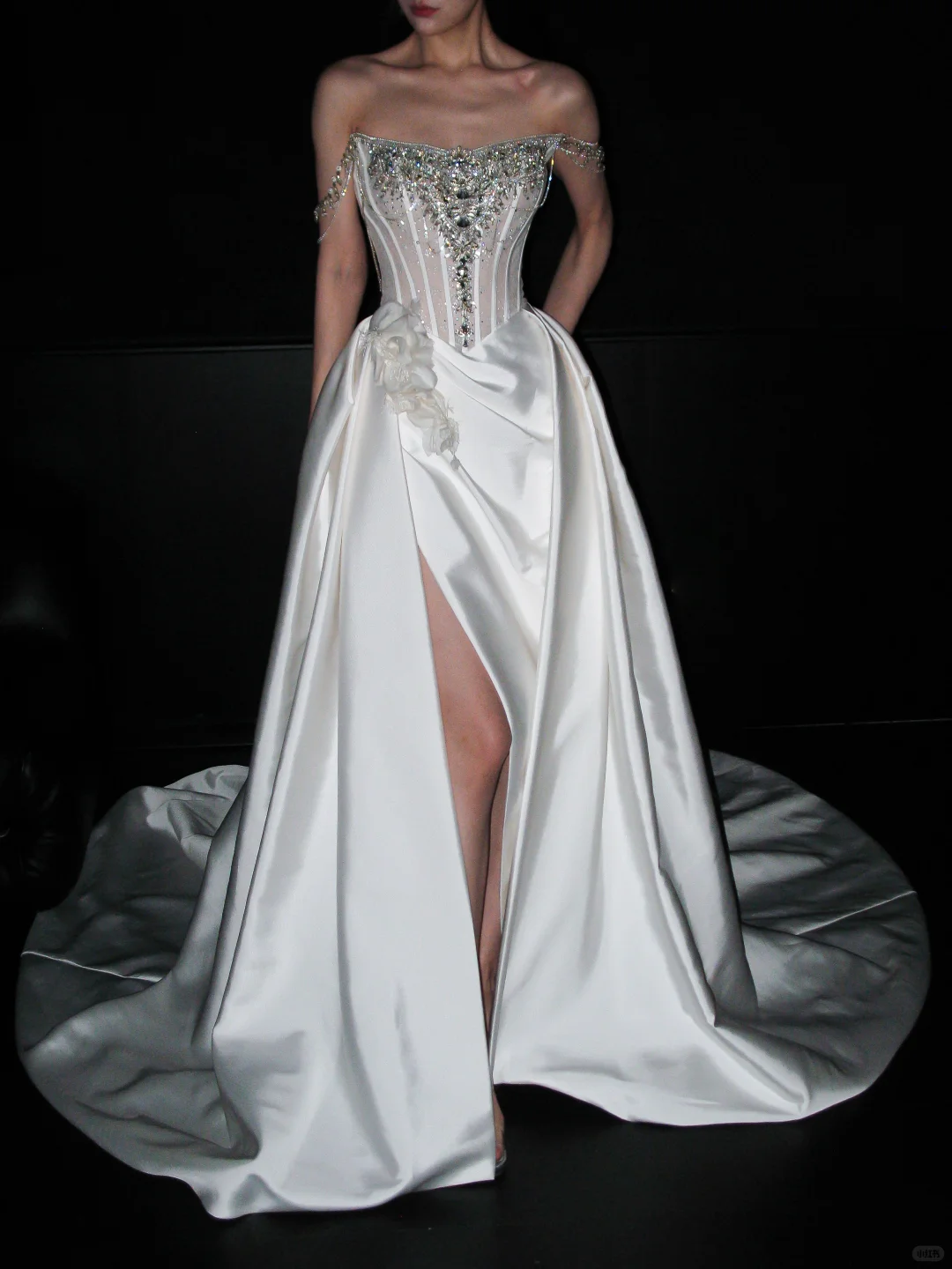 Shiny A Line Straps Rhinestone White Satin Long Wedding Dress with Slit SH8884