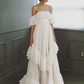 Elegant A Line Off the Shoulder Tiered White Tulle Long Prom Dress Evening Dress SH2632