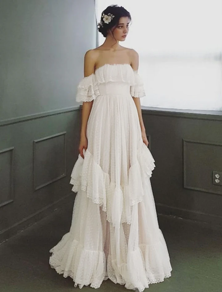 Elegant A Line Off the Shoulder Tiered White Tulle Long Prom Dress Evening Dress SH2632