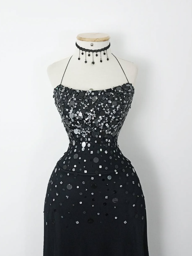 Retro A Line Spaghetti Strap Black Sequin Chiffon Evening Dress Party Dress SH3165