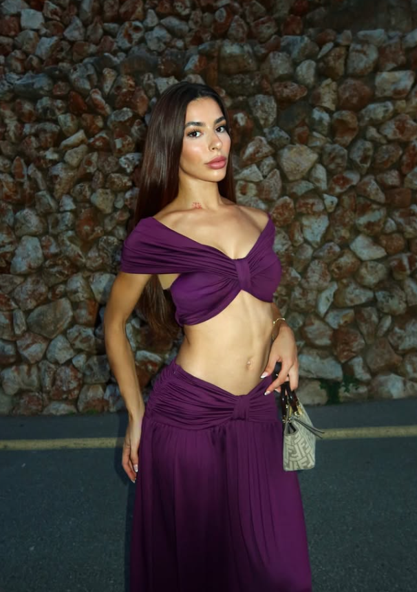 Purple Two Piece A Line V Neck Satin Long Prom Dress Evening Dress SH8953