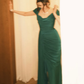 Classic Green Sheath Short Sleeve Pleated Satin Long Prom Dress Evening Dress SH4622