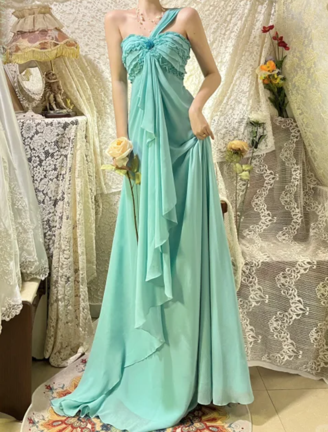 Gentle Blue A Line One Shoulder Ruffle Chiffon Long Prom Dresses SH4631