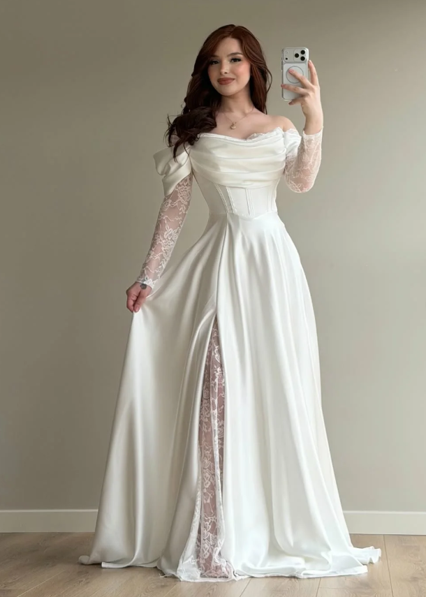 Elegant White A Line Long Sleeve Lace Satin Prom Dress Wedding Guest Dress SH5395