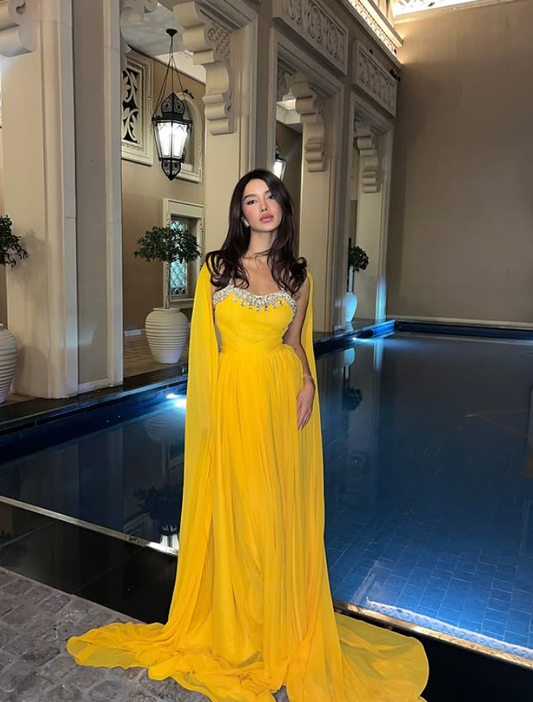 Yellow A Line Spaghetti Straps Rhinestone Chiffon Long Prom Dress Evening Dress SH4266