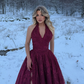 Dark Burgundy A Line V Neck Lace Long Prom Dress Evening Dress SH6056