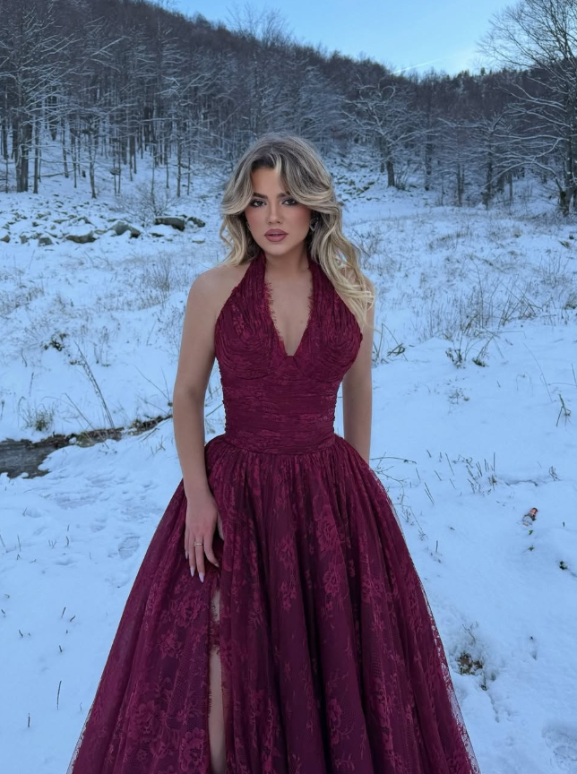 Dark Burgundy A Line V Neck Lace Long Prom Dress Evening Dress SH6056