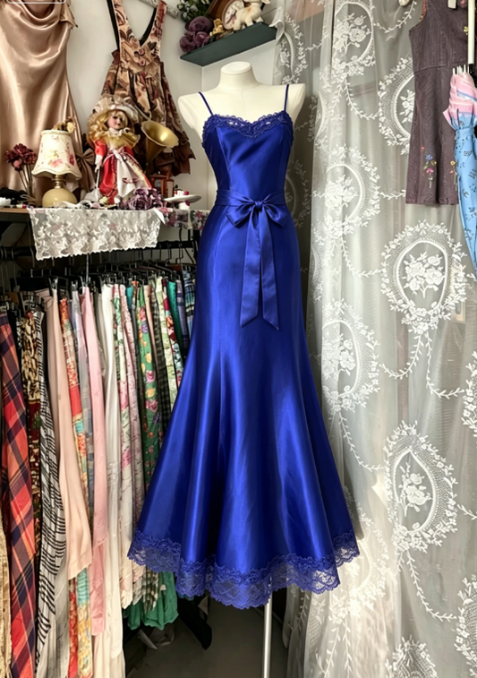 Vintage Royal Blue Mermaid Spaghetti Strap Lace Satin Prom Dress Evening Dress SH5859