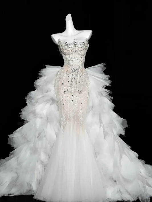 Charming Mermaid Strapless Rhinestone White Tulle Long Prom Dress SH3244