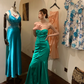 Vintage Mermaid Sweetheart Neck Pleated Green Satin Long Party Dress Cocktail Dress SH2946