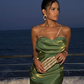 Stunning Green Sheath Spaghetti Strap Satin Long Prom Dress Party Dress SH3967