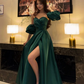 Emerald A Line Off the Shoulder Satin Prom Dress Wedding Guest Dress with Slit SH6017