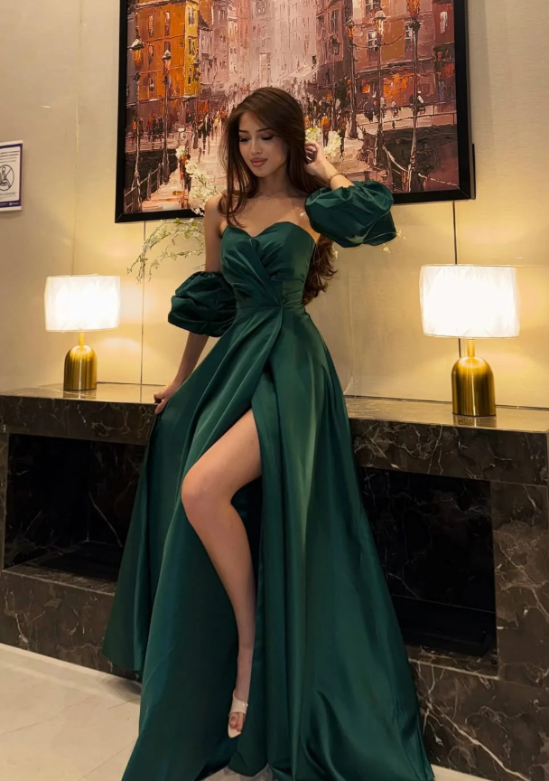 Emerald A Line Off the Shoulder Satin Prom Dress Wedding Guest Dress with Slit SH6017