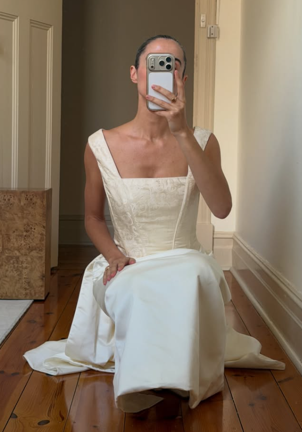 Vintage Simple A Line Square Neck Apricot Print Satin Wedding Dress SH8471