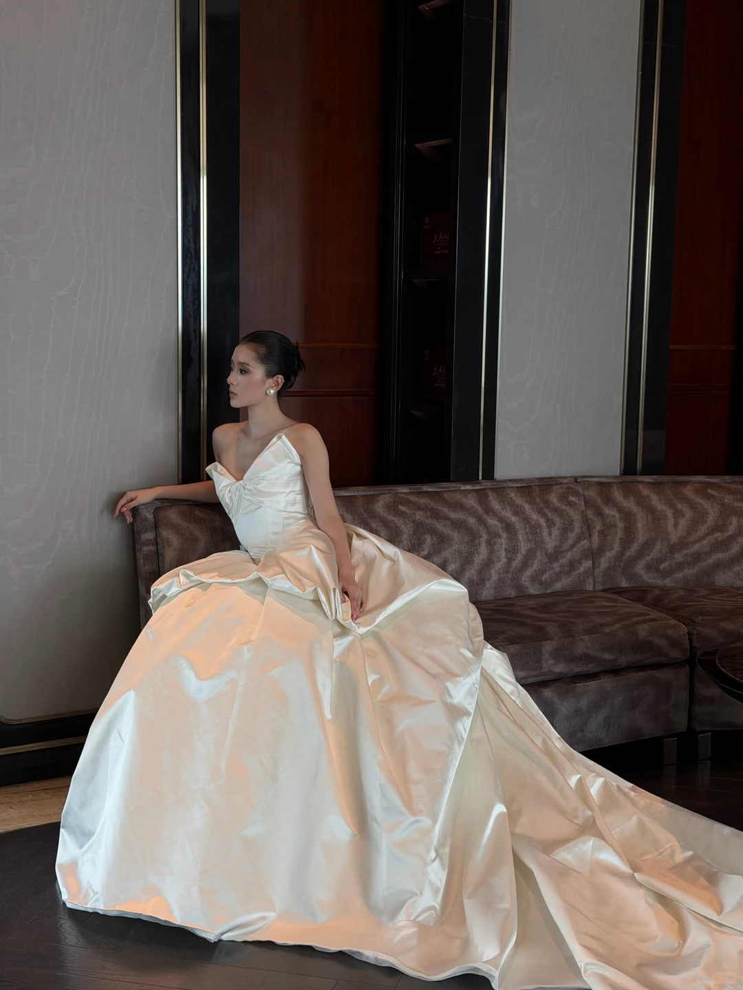 Princess Ball Gown Strapless Ivory Pleated Satin Long Train Wedding Dress SH7722