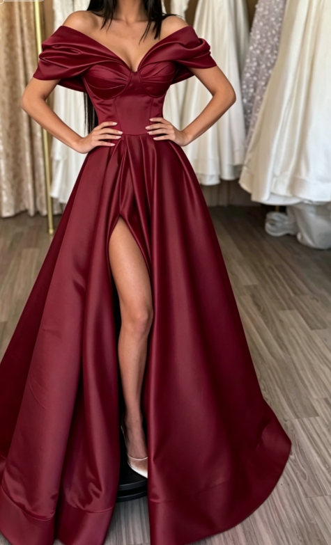 Hot Pink A Line Off the Shoulder Satin Prom Dress with Slit SH5464