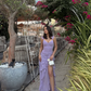 Lilac Flowy Sheath Spaghetti Strap Ruffle Chiffon Prom Dress Party Dress with Slit SH4016