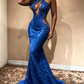 Halter Open Back Long Prom Dresses Cheap Shiny Beads Crystals Illusion Mermaid Formal Gowns R0001