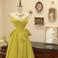 Elegant A Line Strapless Yellow Satin Long Prom Dress Evening Dress with Bow SH3670