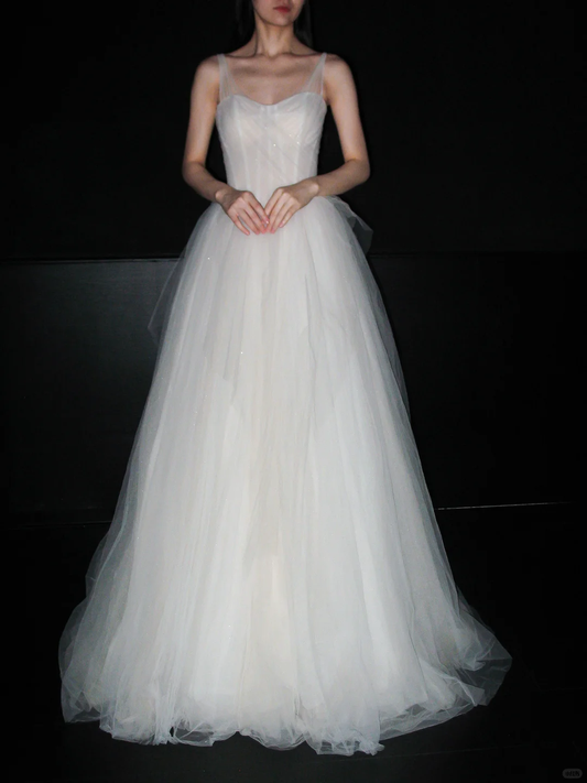 Elegant Ball Gown Spaghetti Strap Flowy Tulle Long Wedding Dress SH6623
