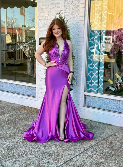 Sexy Purple Mermaid Halter Beaded Satin Backless Long Prom Dress Evening Dress SH7222