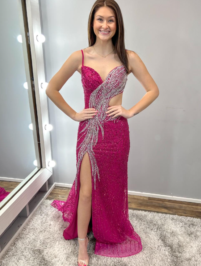 Hot Pink Sheath Straps Shiny Beaded Sequin Tulle Long Prom Dress Evening Dress SH6781