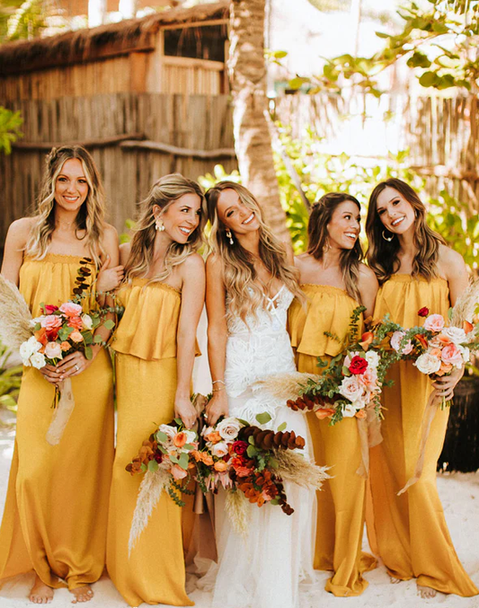 Orange Chiffon Convertible Stylish Off The Shoulder Column With Slit Bridesmaid Dresses SH5579