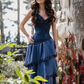 Navy Blue Mermaid Straps Beaded Layered Satin Prom Dress Evening Dress SH6336