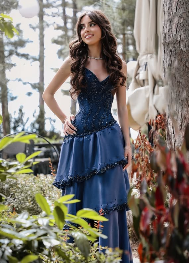 Navy Blue Mermaid Straps Beaded Layered Satin Prom Dress Evening Dress SH6336