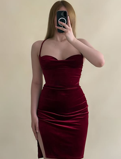 Sexy Burgundy Sheath Halter Velvet Backless Short Prom Dress Homecoming Dress SH9079