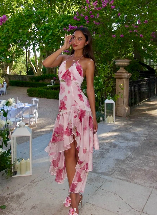 Pink Print Floral A Line Straps Ruffle Chiffon Prom Dress Party Dress SH4020