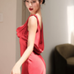 Elegant Sheath Strap Burgundy Satin Open Back Prom Dress Evening Dress SH2150