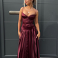 Stunning A Line Spaghetti Strap Pleated Dark Burgundy Satin Long Party Dress SH2921