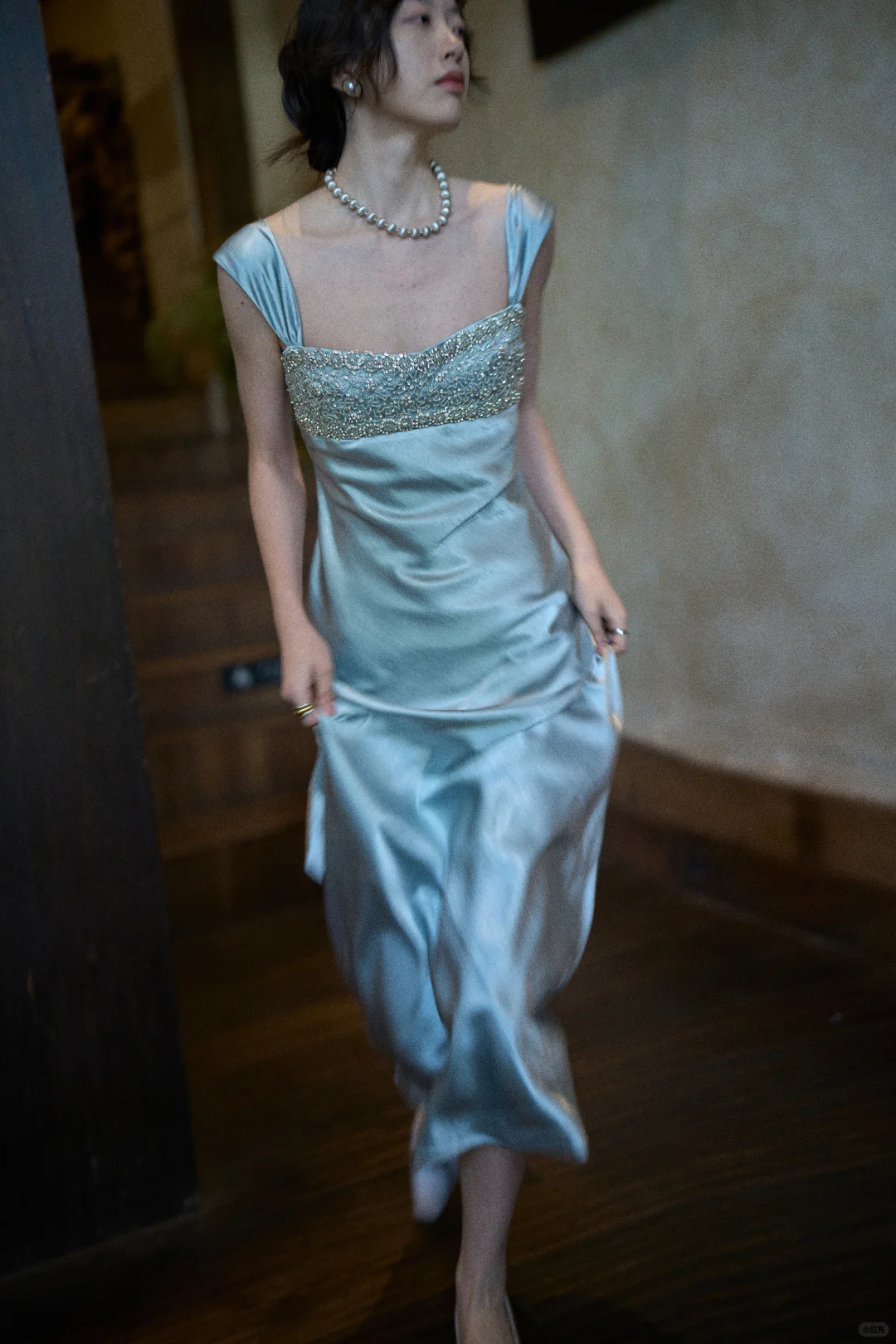 Elegant Blue A Line Straps Beaded Satin Long Prom Dress Date Dress SH4963