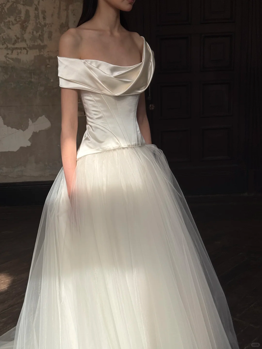 Pretty A Line Off the Shoulder Corset Satin Tulle Long Prom Dress Wedding Dress SH4273