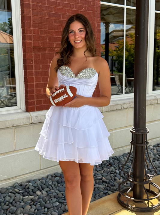 White A Line Sweetheart Neck Beaded Layered Chiffon Short Prom Dress Homecoming Dress SH6591