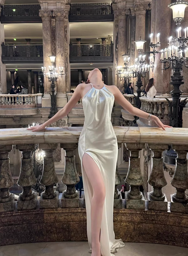Gentle White Sheath Halter Satin Open Back Long Prom Dress Date Dress with Slit SH4900