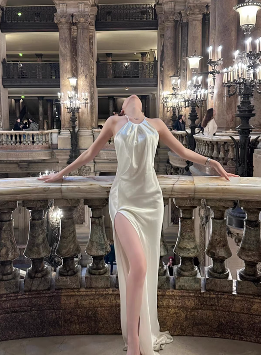 Gentle White Sheath Halter Satin Open Back Long Prom Dress Date Dress with Slit SH4900