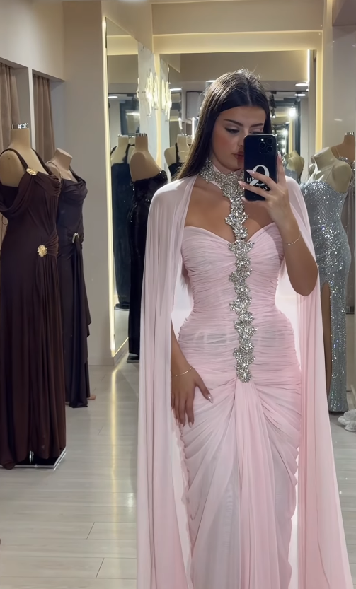 Light Pink Sheath Halter Rhinestone Pleated Chiffon Long Prom Dress Evening Dress SH4799