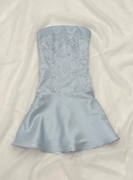 Cute Blue A Line Strapless Embroidery Satin Short Homecoming Dress Outfits SH3608