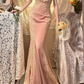 Vintage Mermaid V Neck Lace Pink Satin Prom Dress Wedding Guest Dress SH4655