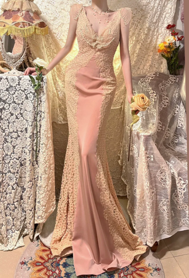 Vintage Mermaid V Neck Lace Pink Satin Prom Dress Wedding Guest Dress SH4655