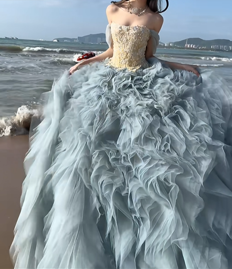 Dreamy Blue Ball Gown Off the Shoulder Beaded Tulle Prom Dress 16th Birthday Dress SH5028