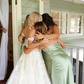 Gentle Sheath Spaghetti Strap Sage Green Satin Evening Dress Bridesmaid Dress with Slit SH2785